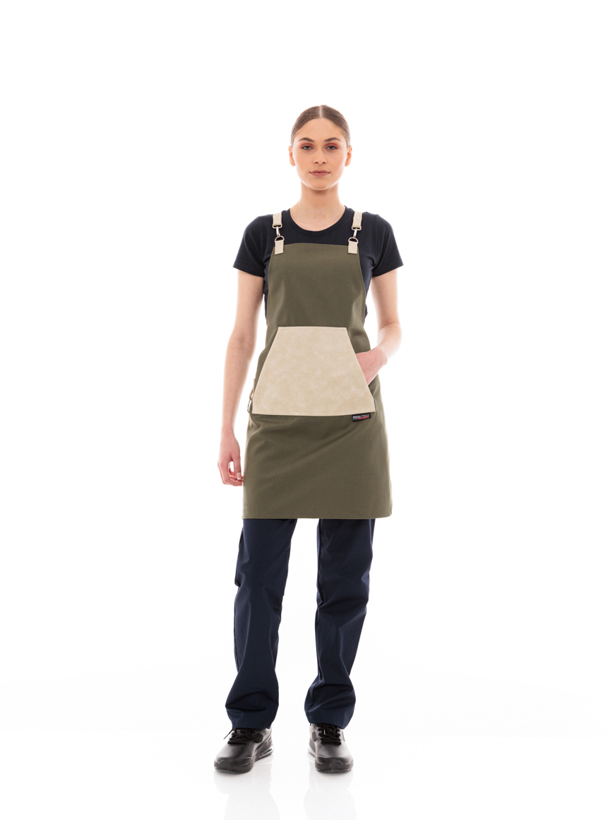 Χακί Ποδιά Unisex Barista Στηθούρι - Από Καμβά Ύφασμα & Μπεζ Μάρσιπο Vegan Leather Τσέπη