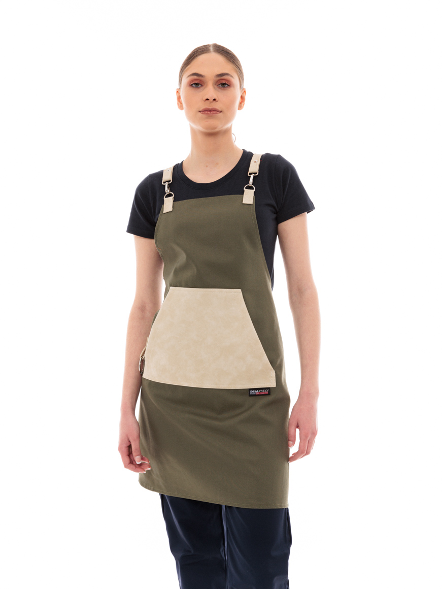 Χακί Ποδιά Unisex Barista Στηθούρι - Από Καμβά Ύφασμα & Μπεζ Μάρσιπο Vegan Leather Τσέπη