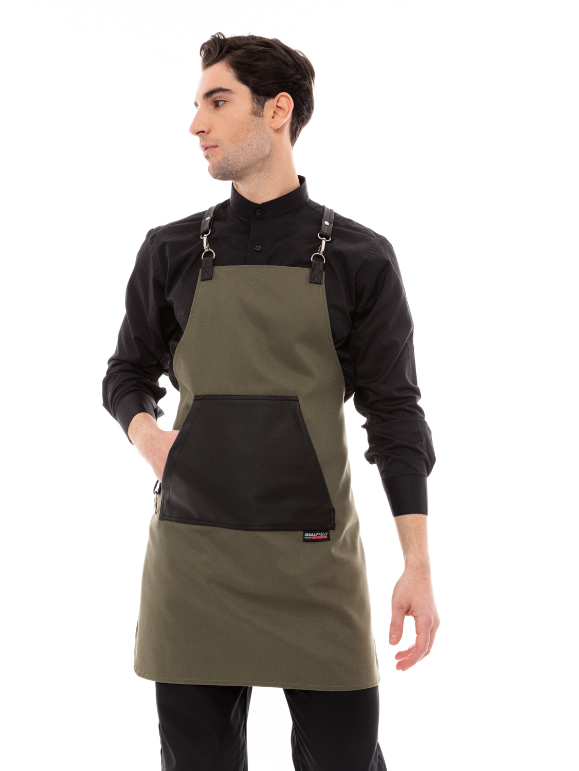 Χακί Ποδιά Unisex Barista Στηθούρι - Από Καμβά Ύφασμα & Μαύρη Μάρσιπο Vegan Leather Τσέπη