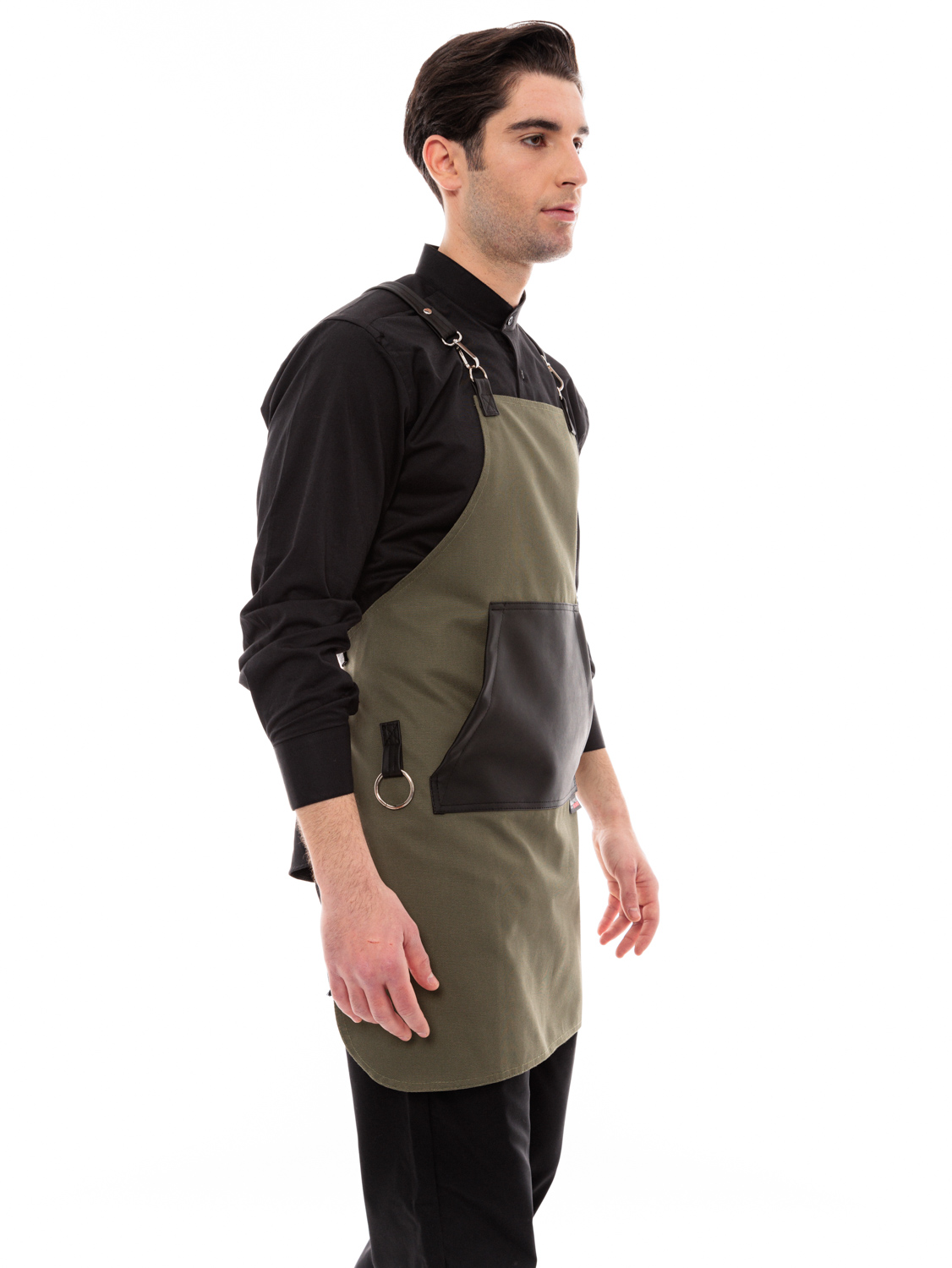 Χακί Ποδιά Unisex Barista Στηθούρι - Από Καμβά Ύφασμα & Μαύρη Μάρσιπο Vegan Leather Τσέπη