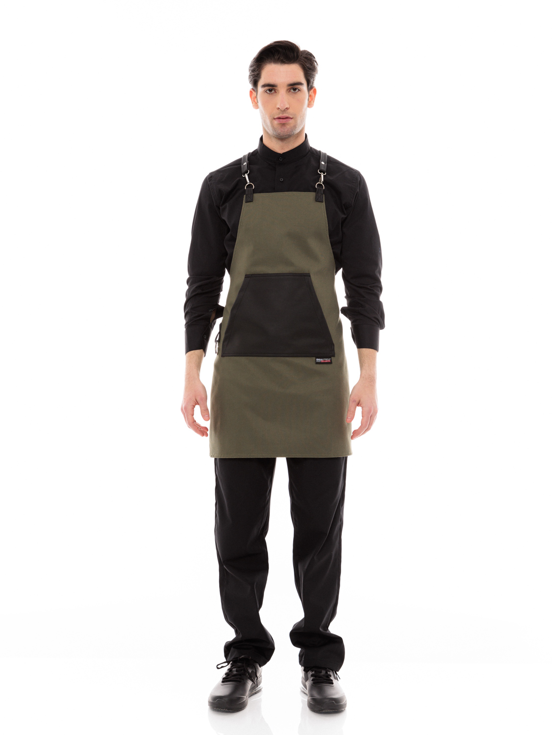 Χακί Ποδιά Unisex Barista Στηθούρι - Από Καμβά Ύφασμα & Μαύρη Μάρσιπο Vegan Leather Τσέπη