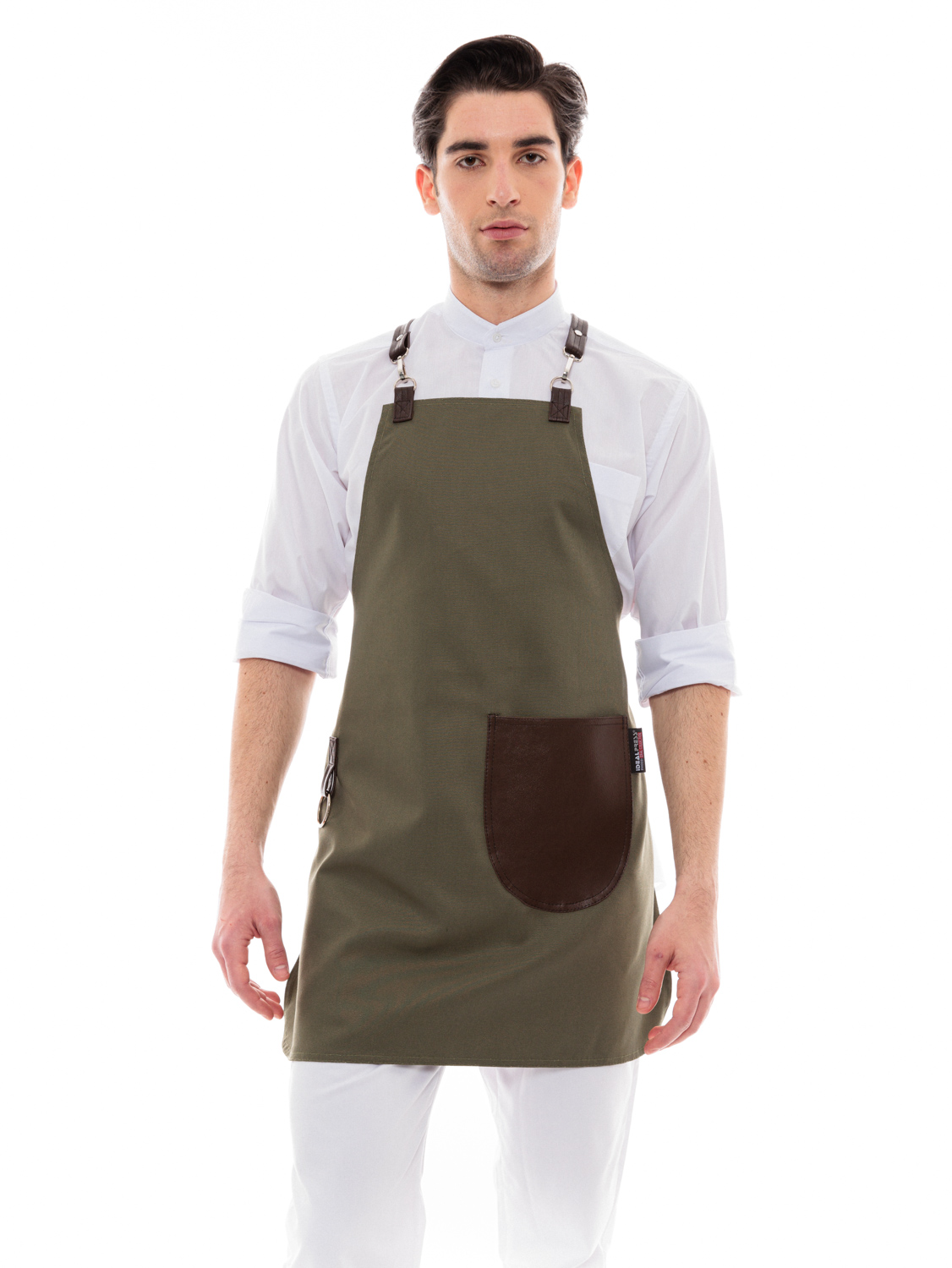 Χακί Ποδιά Unisex Barista Στηθούρι - Από Καμβά Ύφασμα & Καφέ Στρογγυλή Vegan Leather Τσέπη