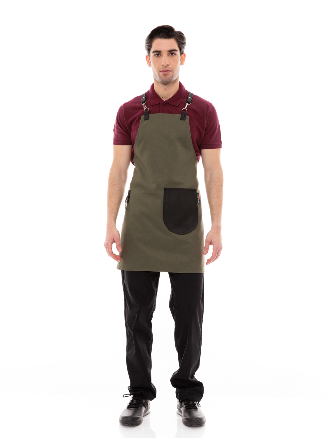 Χακί Ποδιά Unisex Barista Στηθούρι - Από Καμβά Ύφασμα & Μαύρη Στρογγυλή Vegan Leather Τσέπη