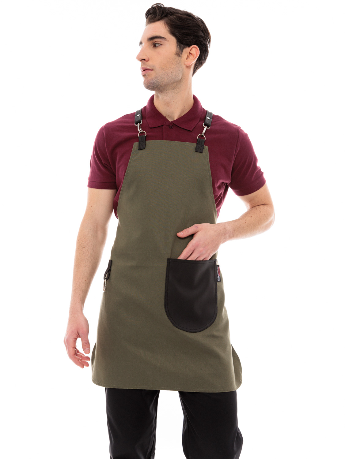 Χακί Ποδιά Unisex Barista Στηθούρι - Από Καμβά Ύφασμα & Μαύρη Στρογγυλή Vegan Leather Τσέπη