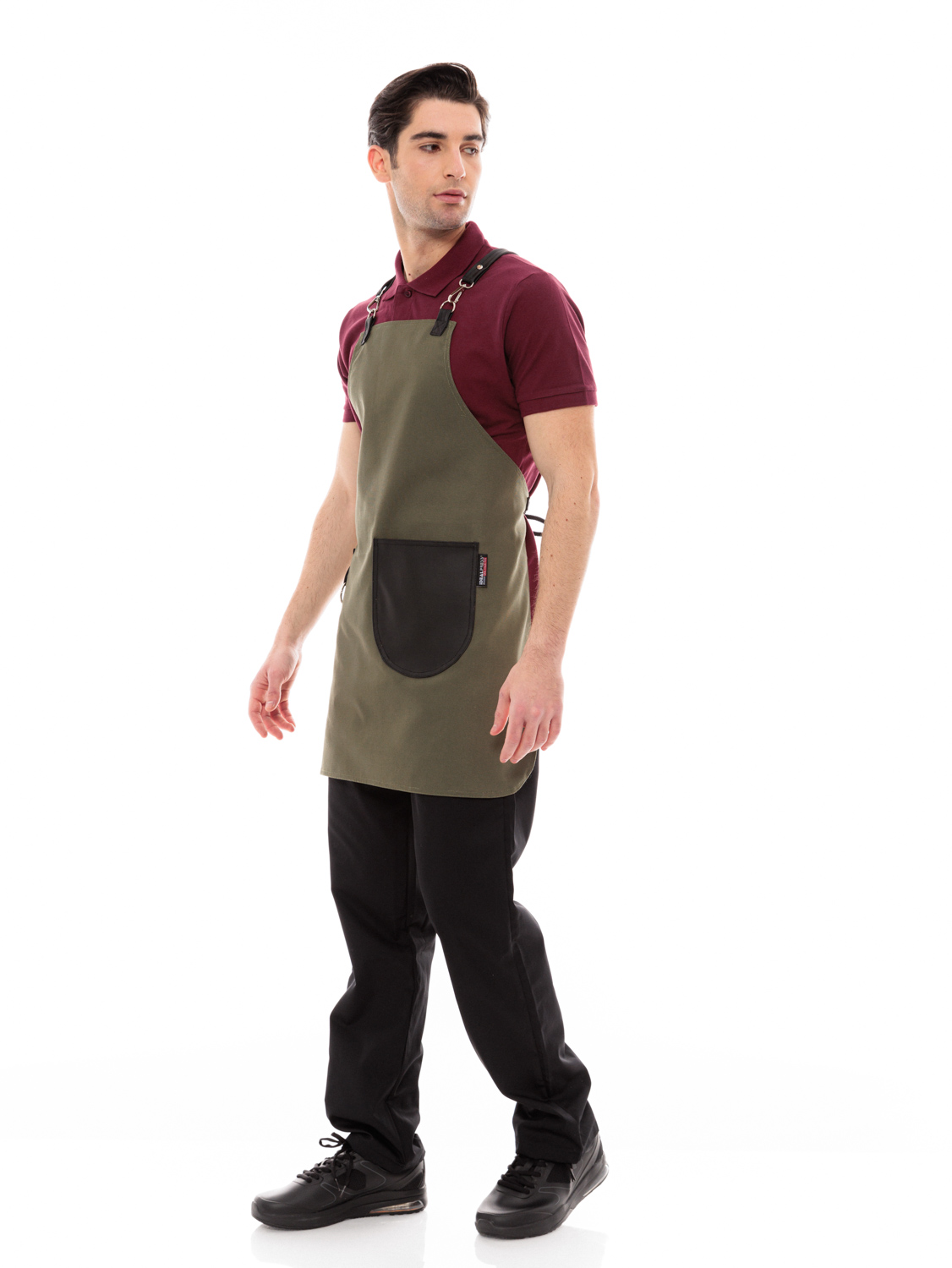 Χακί Ποδιά Unisex Barista Στηθούρι - Από Καμβά Ύφασμα & Μαύρη Στρογγυλή Vegan Leather Τσέπη