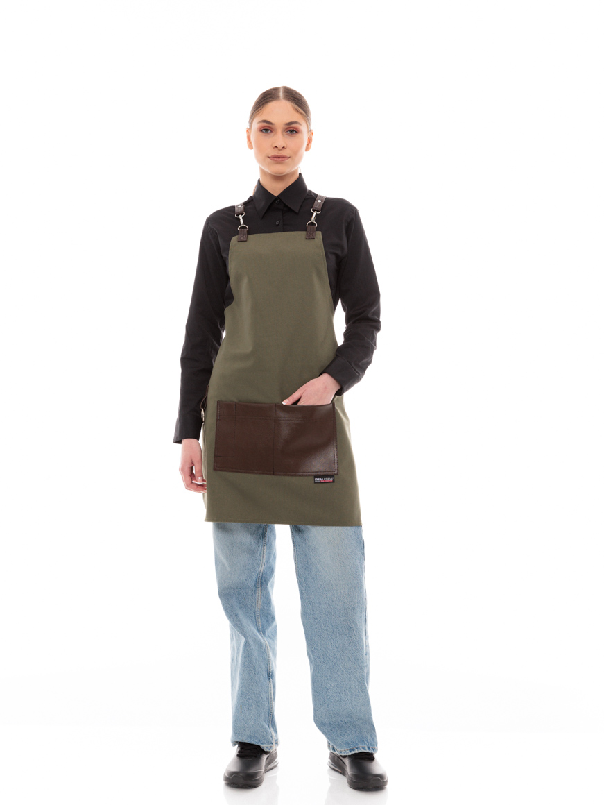 Χακί Ποδιά Unisex Barista Στηθούρι - Από Καμβά Ύφασμα & Καφέ Τετράγωνη Vegan Leather Τσέπη Χακί Ποδιά Unisex Barista Στηθούρι - Από Καμβά Ύφασμα & Καφέ Τετράγωνη Vegan Leather Τσέπη