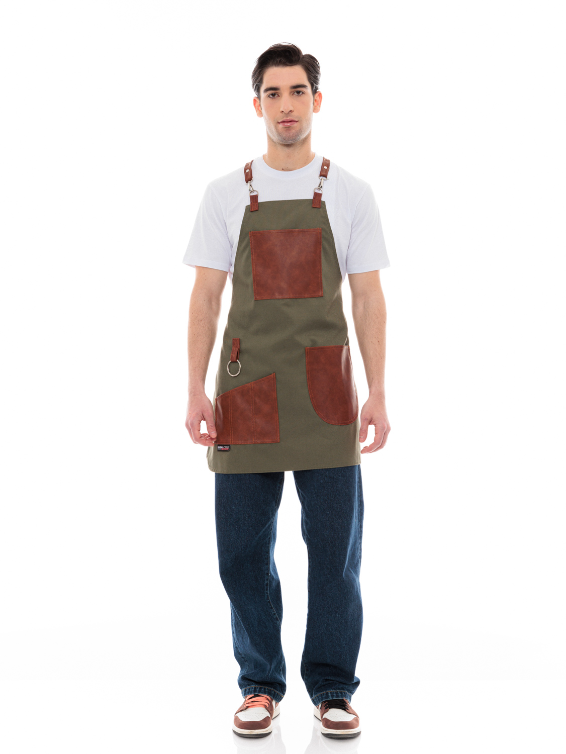 Χακί Ποδιά Unisex Barista Στηθούρι - Από Καμβά Ύφασμα & Ταμπά Vegan Leather Τσέπες