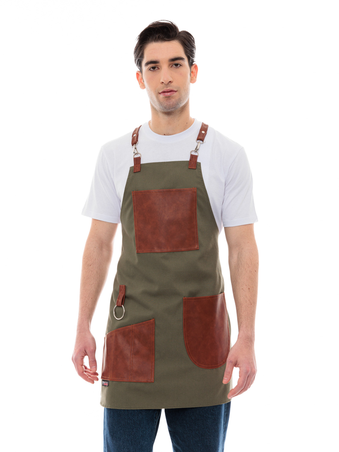 Χακί Ποδιά Unisex Barista Στηθούρι - Από Καμβά Ύφασμα & Ταμπά Vegan Leather Τσέπες