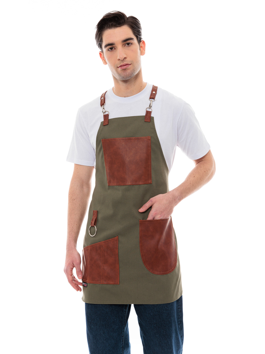 Χακί Ποδιά Unisex Barista Στηθούρι - Από Καμβά Ύφασμα & Ταμπά Vegan Leather Τσέπες