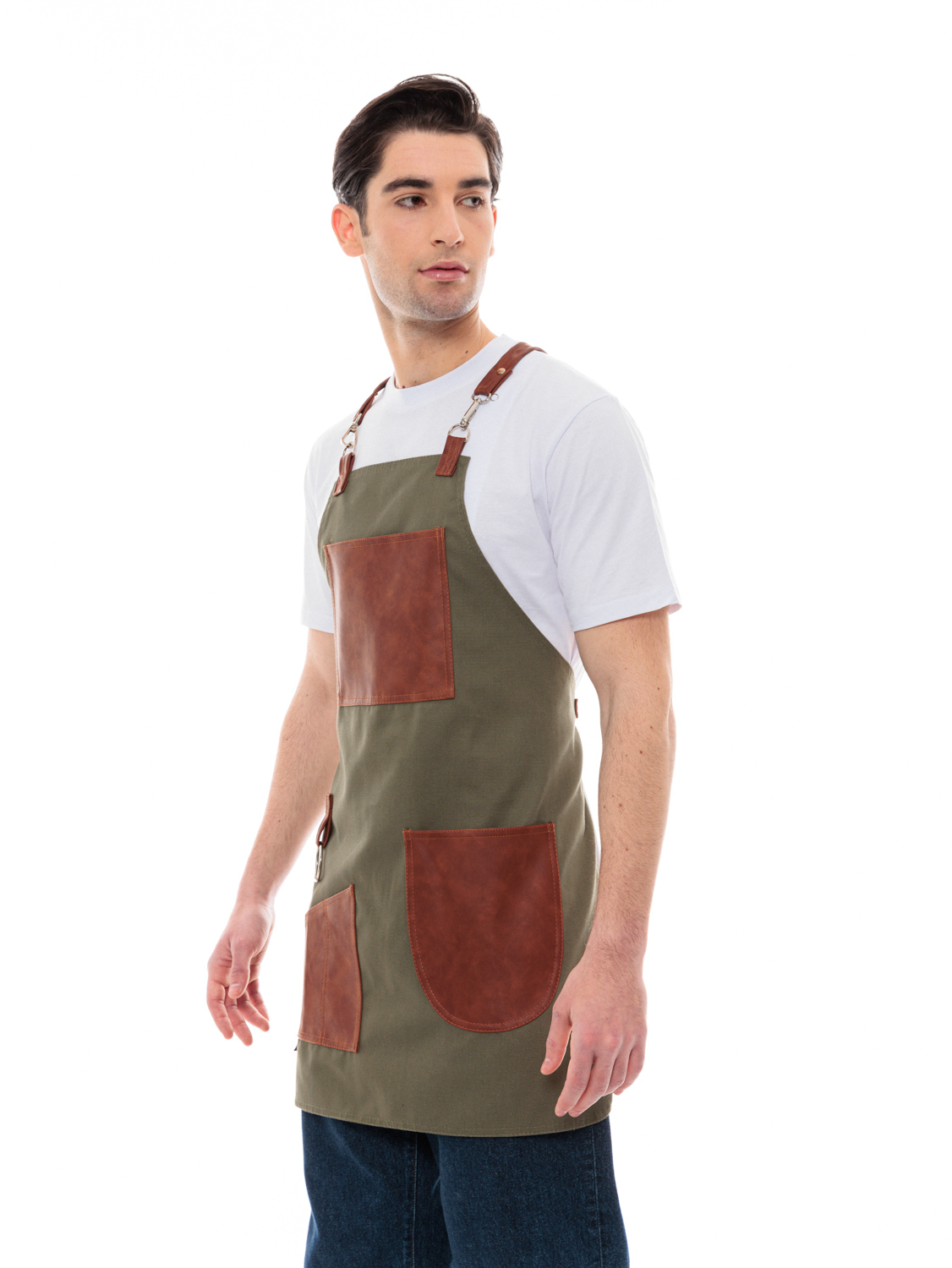 Χακί Ποδιά Unisex Barista Στηθούρι - Από Καμβά Ύφασμα & Ταμπά Vegan Leather Τσέπες