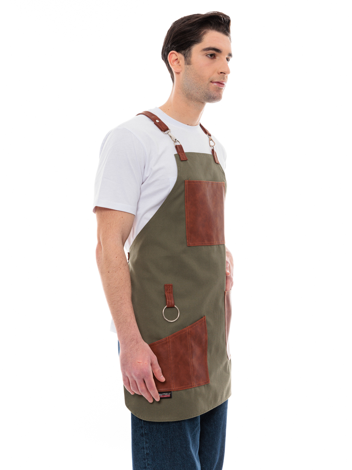 Χακί Ποδιά Unisex Barista Στηθούρι - Από Καμβά Ύφασμα & Ταμπά Vegan Leather Τσέπες