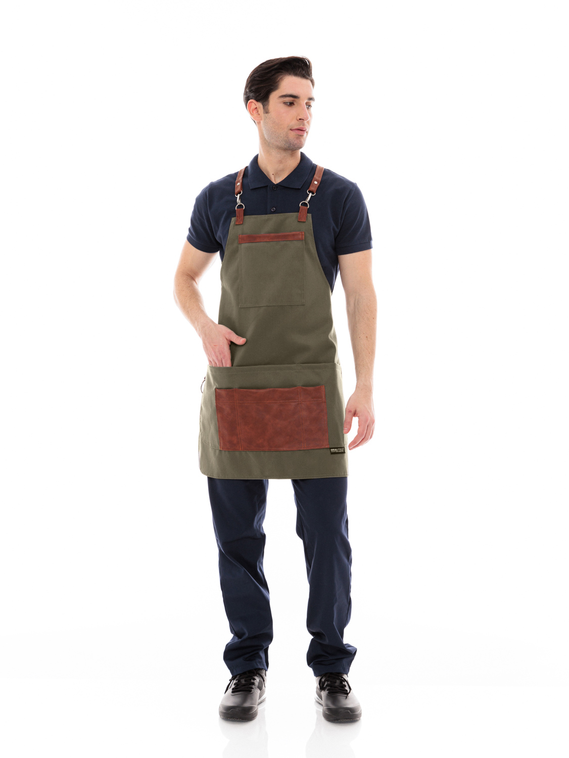 Χακί Ποδιά Unisex Barista Στηθούρι - Από Καμβά Ύφασμα & Ταμπά Vegan Leather Λεπτομέρειες