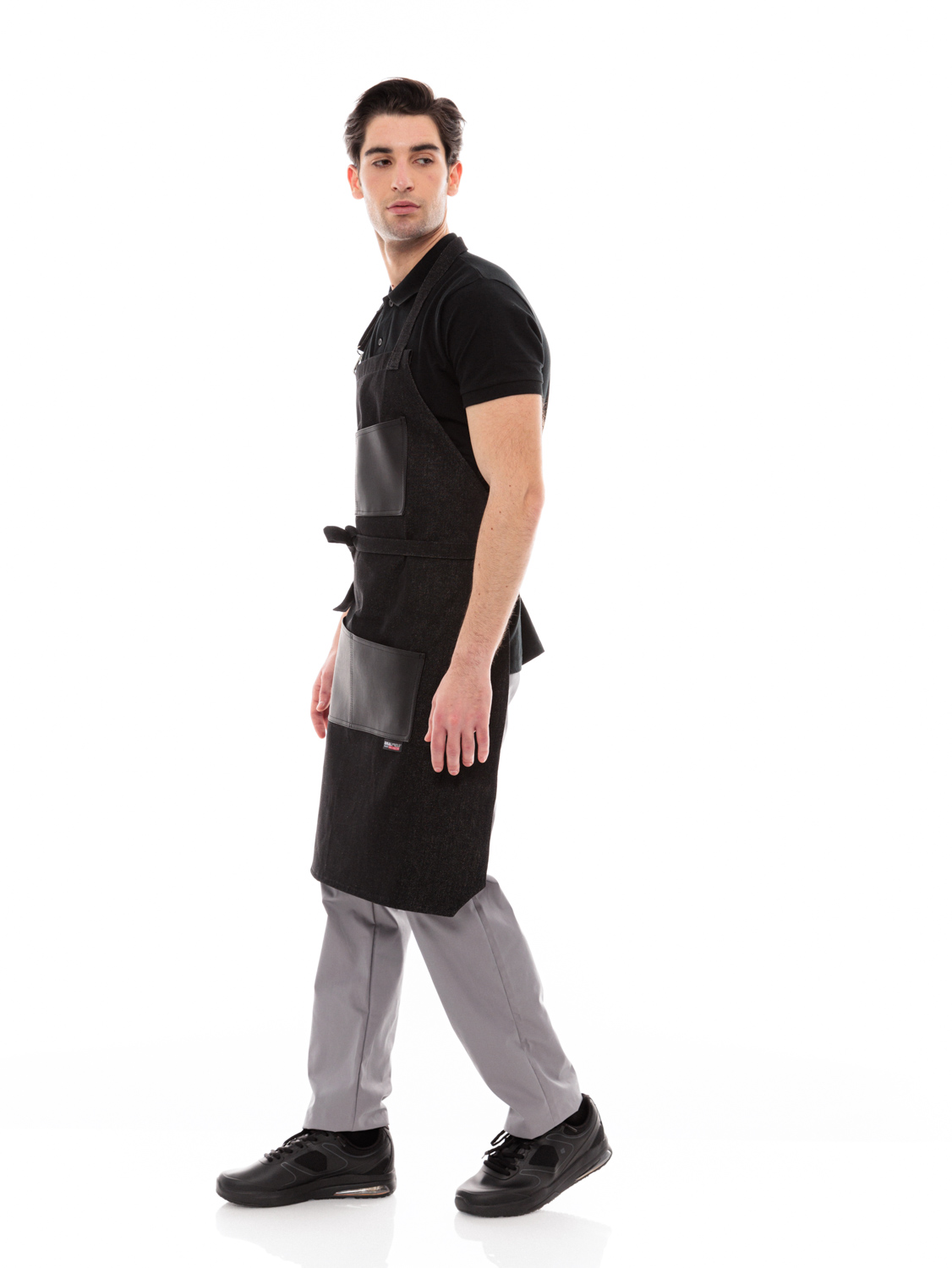 Ποδιά Σερβιτόρου-Barista Λαιμού με Μαύρο Τζιν και Μαύρη Vegan Leather Τσέπη - 594 BLACK ASYMETRICAL