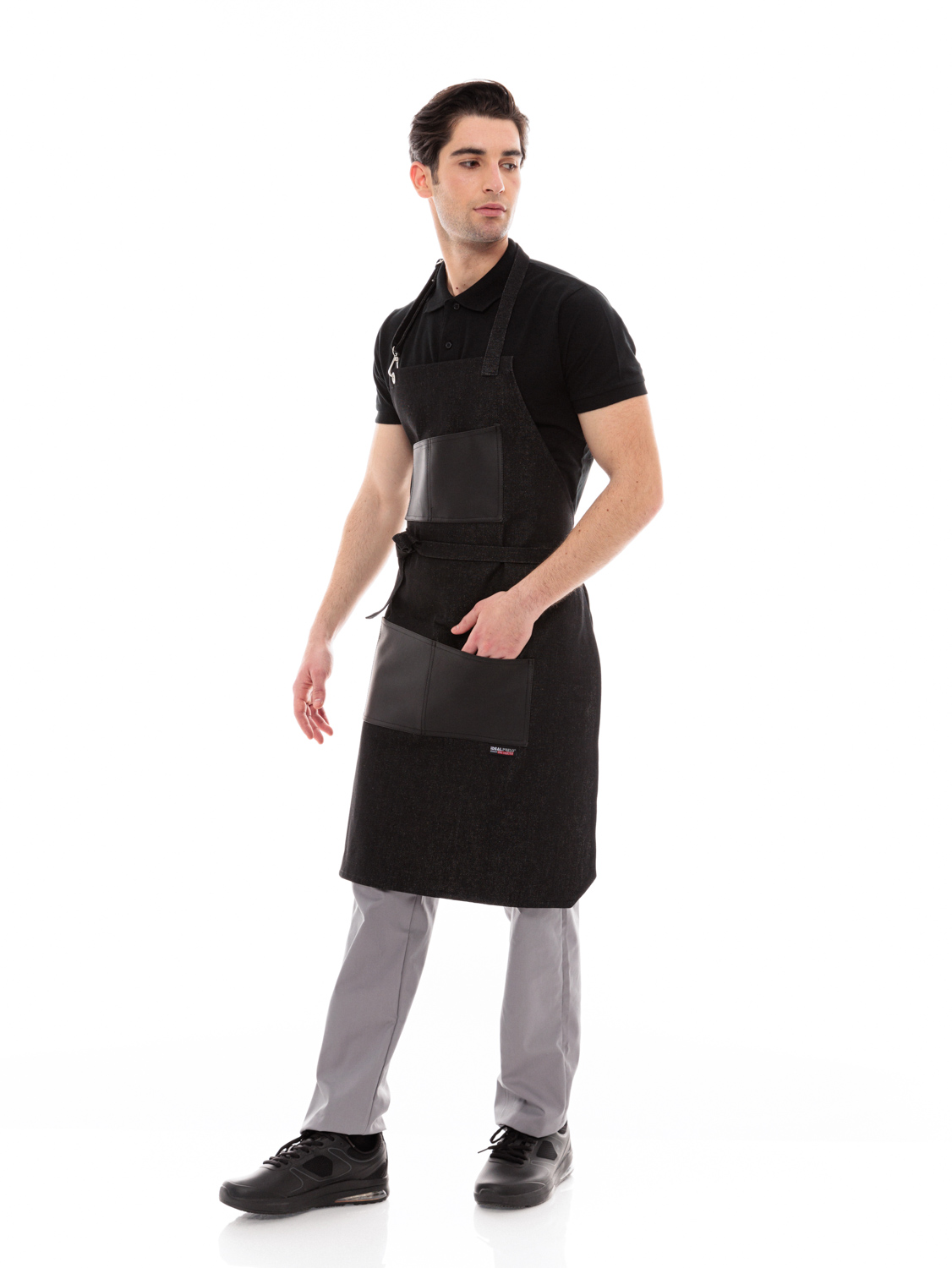Ποδιά Σερβιτόρου-Barista Λαιμού με Μαύρο Τζιν και Μαύρη Vegan Leather Τσέπη - 594 BLACK ASYMETRICAL