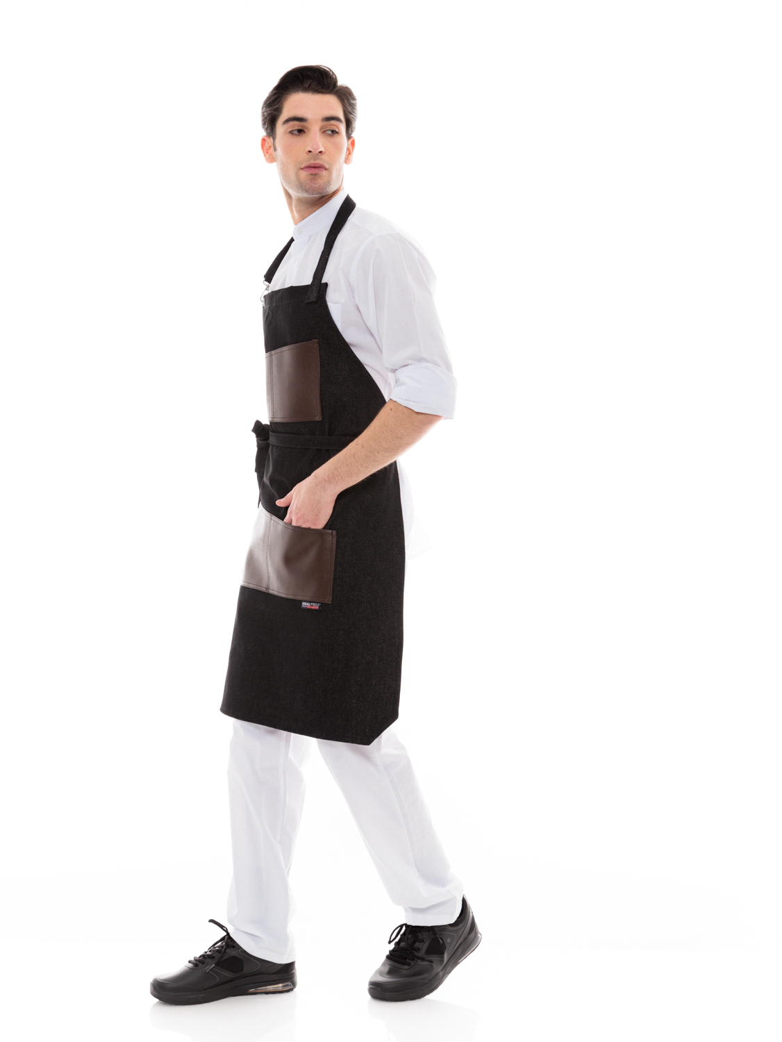 Ποδιά Σερβιτόρου-Barista Λαιμού με Μαύρο Τζιν και Καφέ Vegan Leather Τσέπη