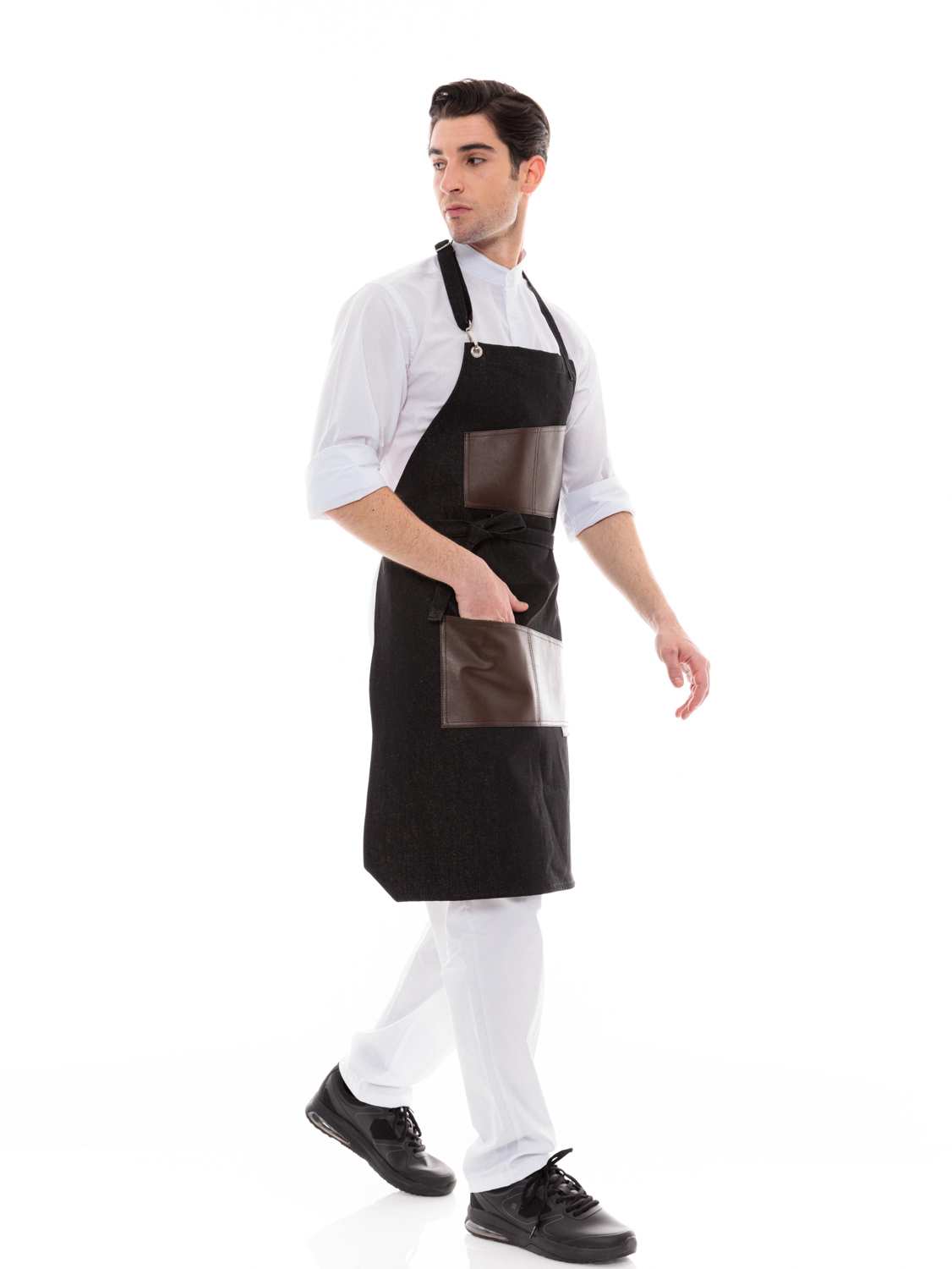 Ποδιά Σερβιτόρου-Barista Λαιμού με Μαύρο Τζιν και Καφέ Vegan Leather Τσέπη