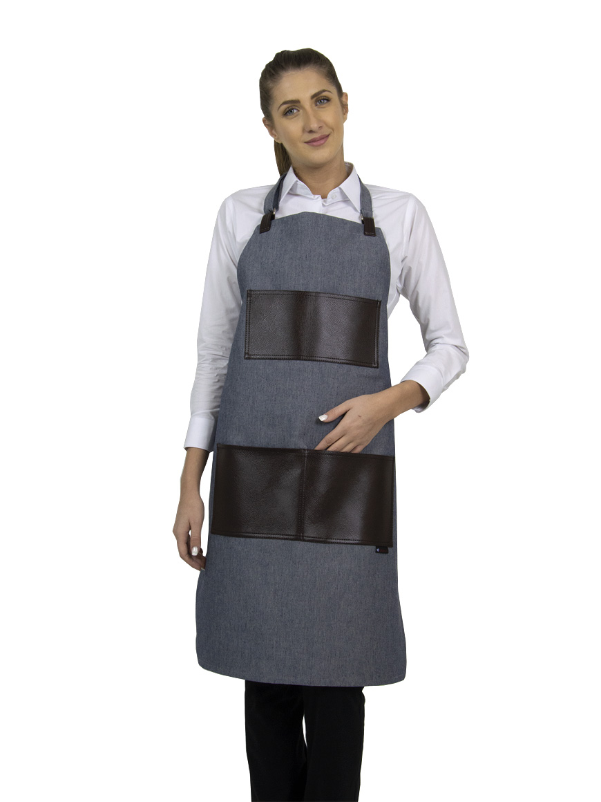 Ποδιά Σερβιτόρου-Barista Λαιμού με Ανοιχτό Μπλε Τζιν και Καφέ Τσέπη από Τεχνόδερμα - 595 RECT