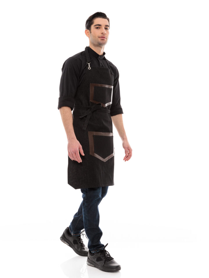 Ideal Press Black Jean Full Length Apron & Brown Leather Pockets