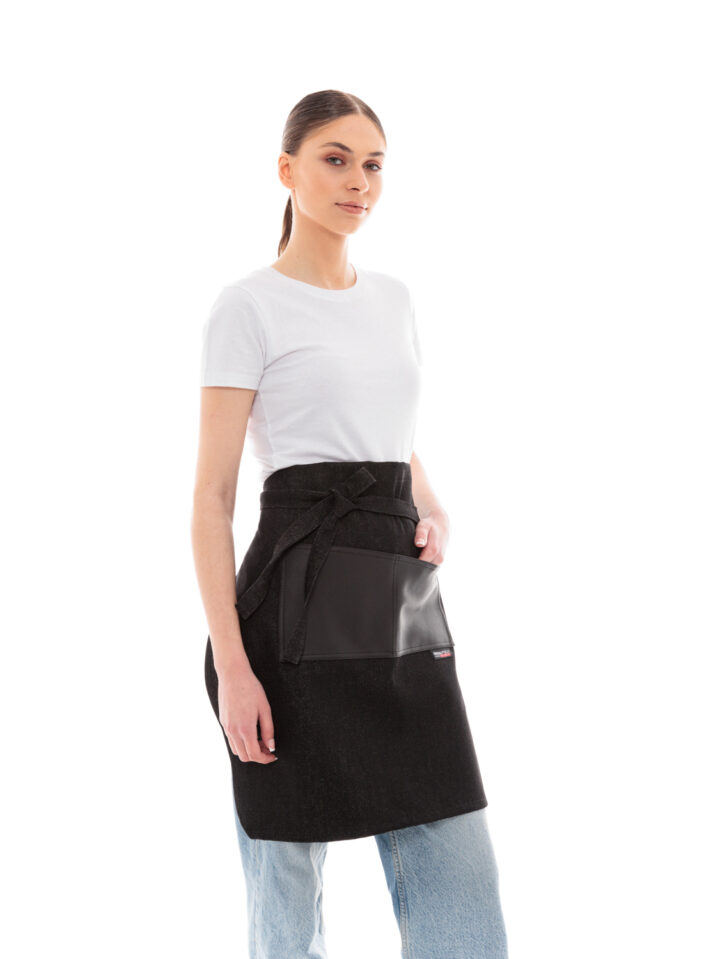Ideal Press Black Jean Short Apron & Asymmetrical Black Leather Pocket