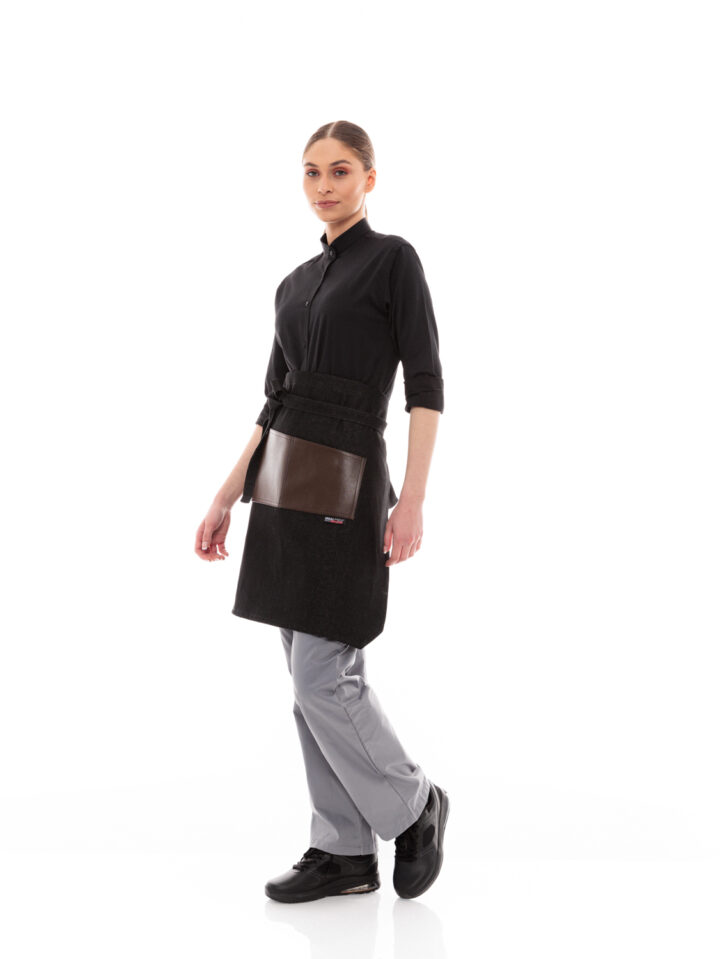 Ideal Press Black Jean Short Apron & Brown Asymmetrical Pocket