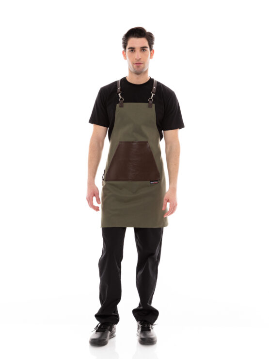 Ideal Press Khaki Full Length Canvas Apron & Brown Pouch Leather Pocket