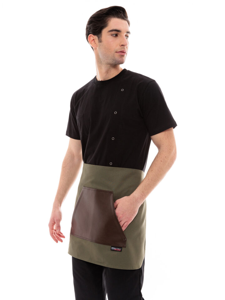 Ideal Press Khaki Short Canvas Apron & Pouch Brown Leather Pocket
