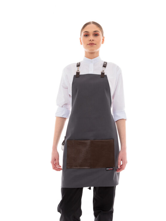 Ideal Press Grey Full Length Canvas Apron & Brown Square Leather Pocket
